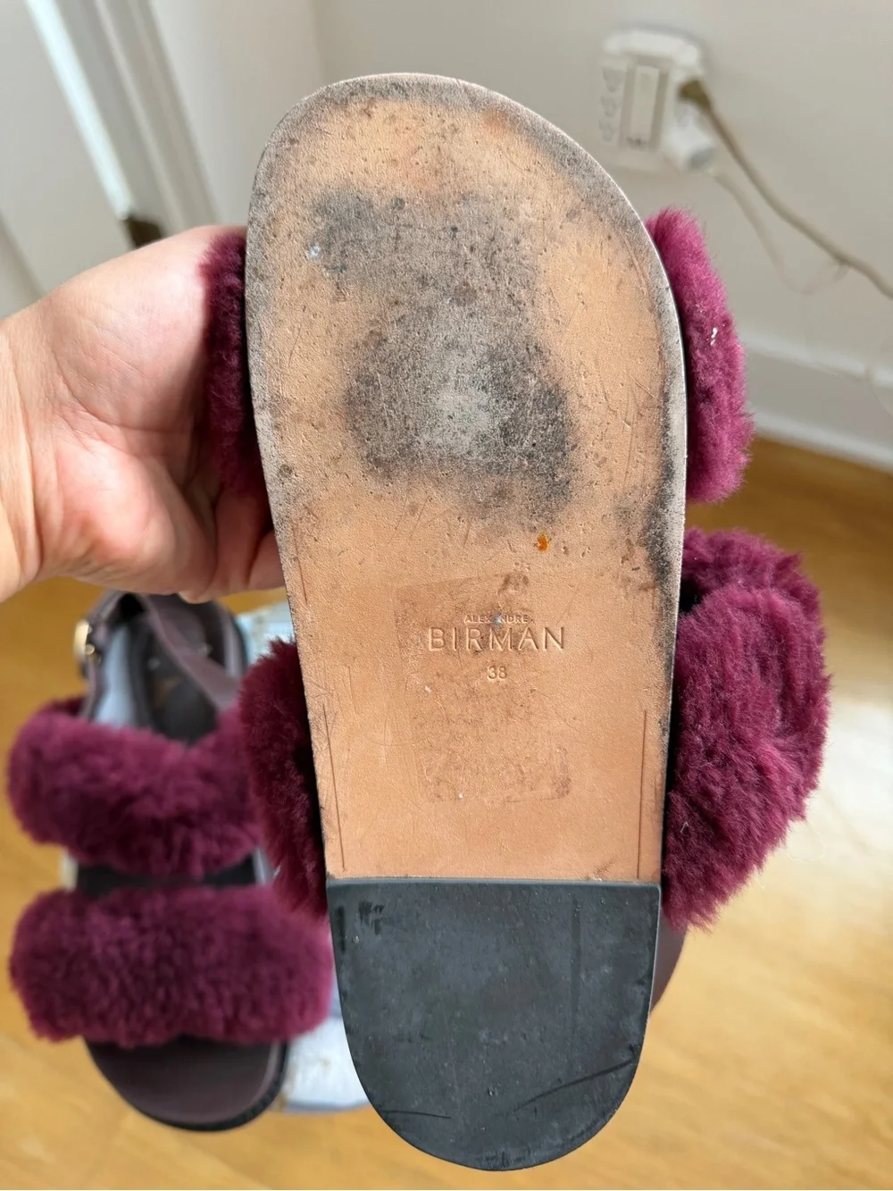 Alexandre Birman Women’s Plush Burgundy Fur Strap Sandals